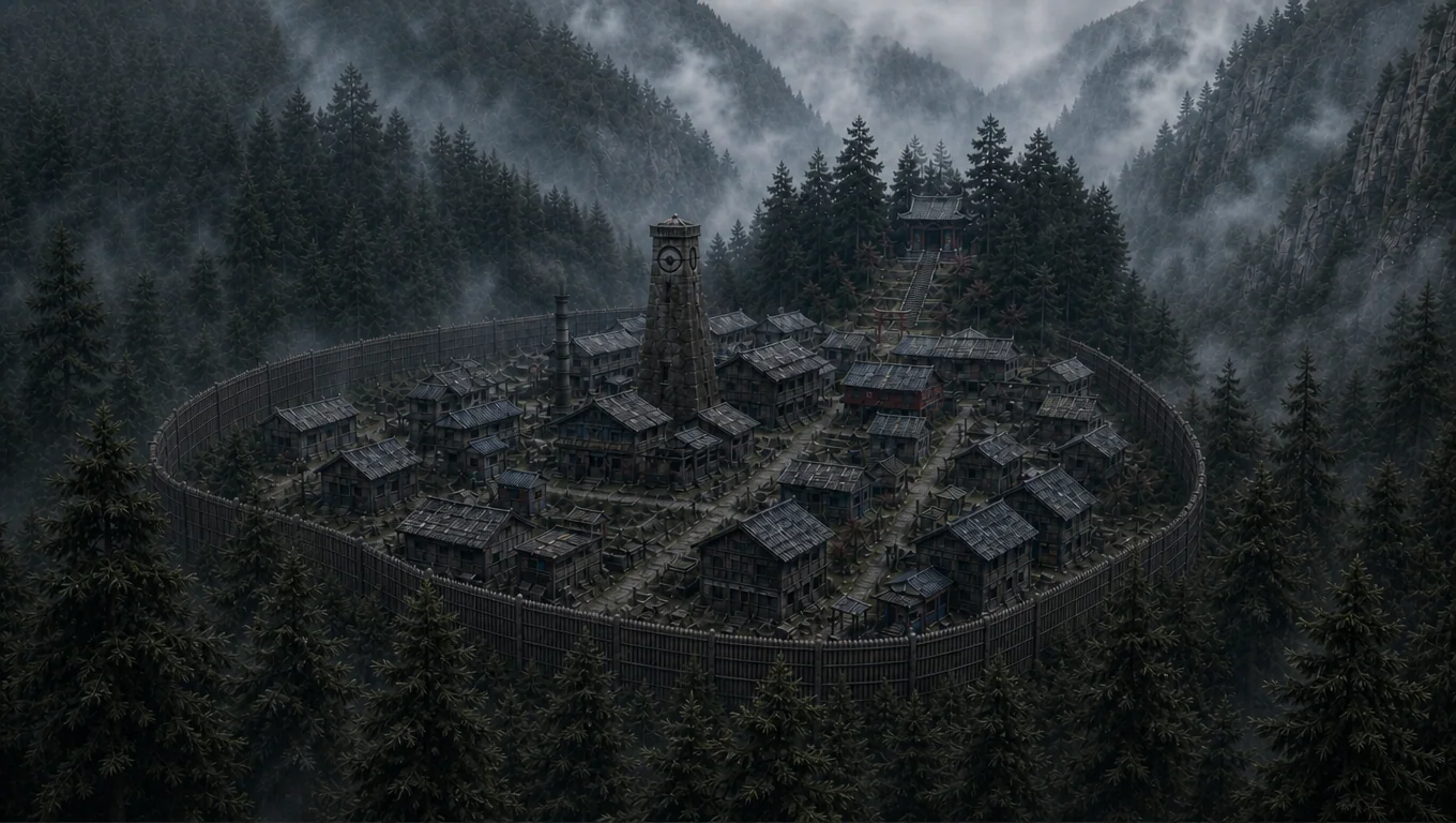 山地の森と壁に囲まれた廻哀村の全景