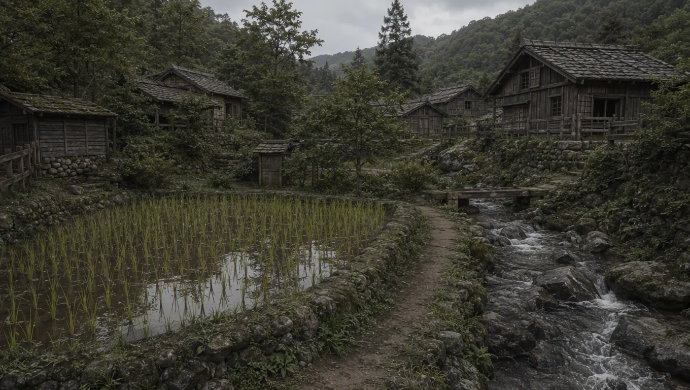 村の一角を流れる川と小規模な水田